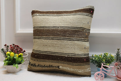 Striped Kilim Pillow Cover: Handmade Organic Wool, Vintage Rug (16x16 in)