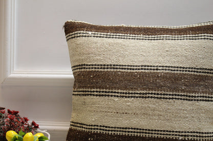 Striped Kilim Pillow Cover: Handmade Organic Wool, Vintage Rug (16x16 in)