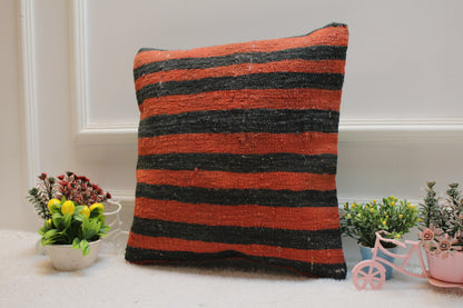 Striped Kilim Pillow Cover: Vintage Turkish Woven Wool, 16x16 inch