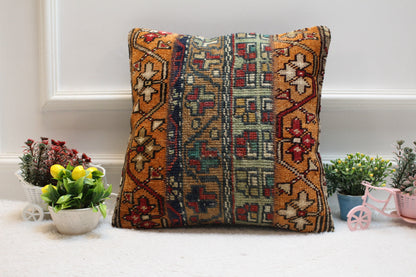 Geometric Kilim Pillow Cover: Vintage Turkish Rug, 16x16 inch