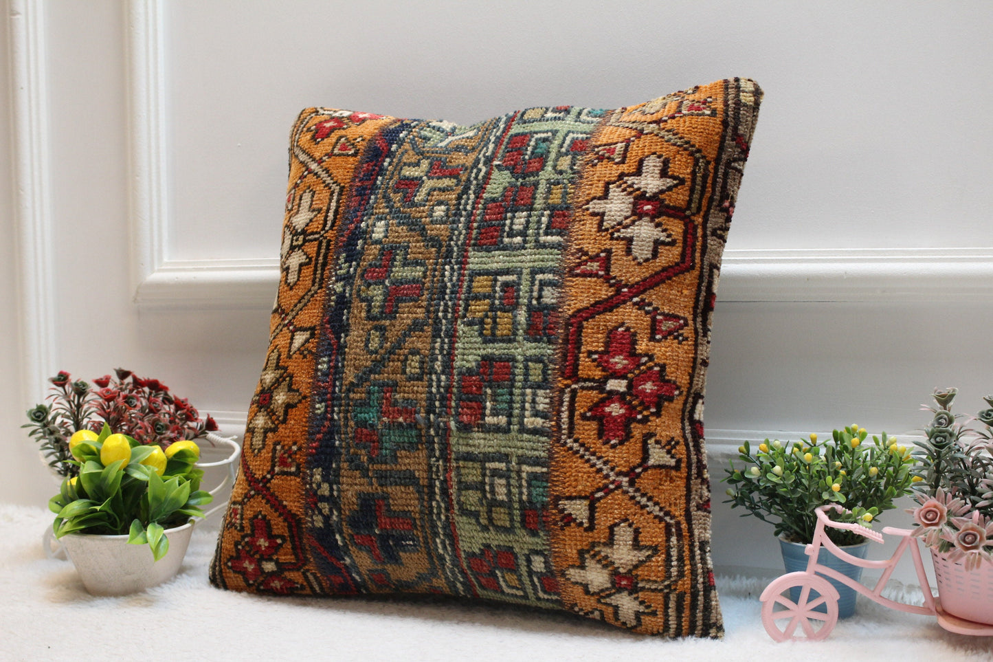 Geometric Kilim Pillow Cover: Vintage Turkish Rug, 16x16 inch