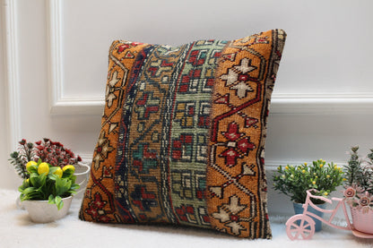 Geometric Kilim Pillow Cover: Vintage Turkish Rug, 16x16 inch