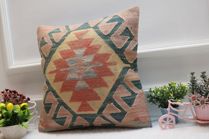 Handmade Kilim Pillow Cover: Geometric Wool, Upcycled Rug (16x16 inc.)