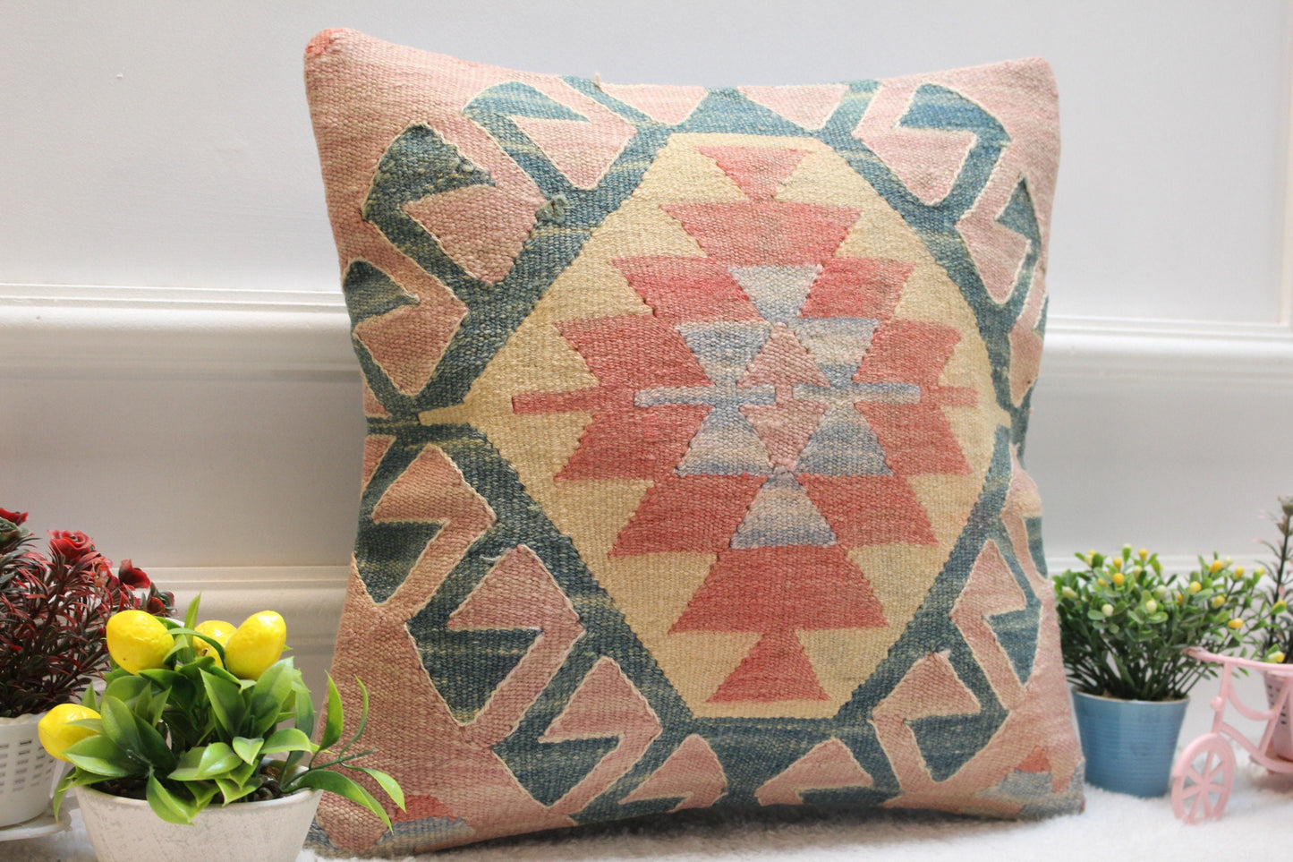 Handmade Kilim Pillow Cover: Geometric Wool, Upcycled Rug (16x16 inc.)