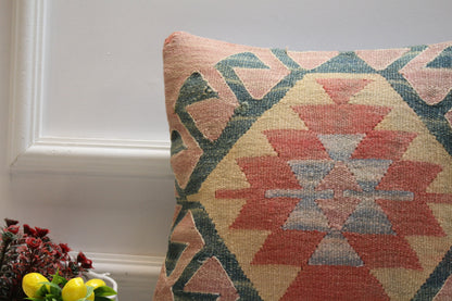Handmade Kilim Pillow Cover: Geometric Wool, Upcycled Rug (16x16 inc.)