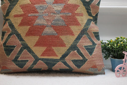 Handmade Kilim Pillow Cover: Geometric Wool, Upcycled Rug (16x16 inc.)