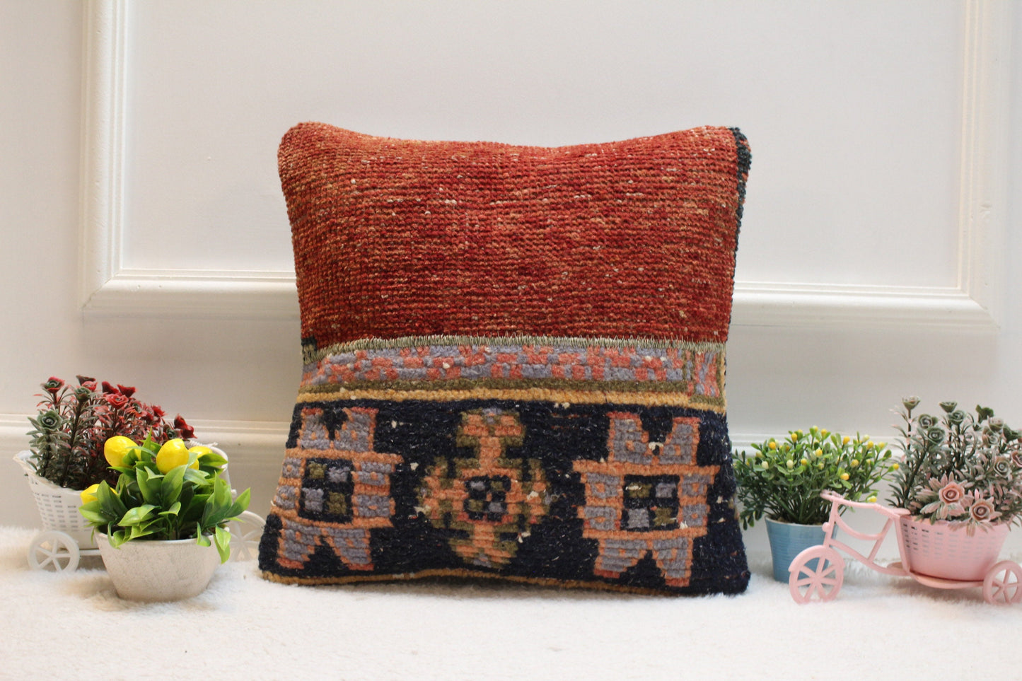 Red Turkish Rug Pillow Cover: 16x16 Handmade Wool Throw Pillow