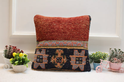 Red Turkish Rug Pillow Cover: 16x16 Handmade Wool Throw Pillow