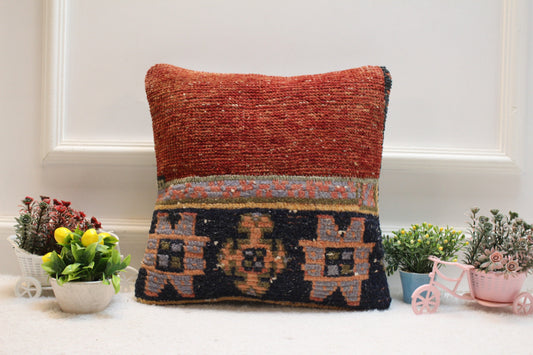 Red Turkish Rug Pillow Cover: 16x16 Handmade Wool Throw Pillow