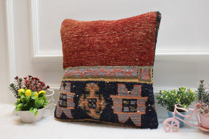 Red Turkish Rug Pillow Cover: 16x16 Handmade Wool Throw Pillow