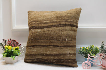 Handmade Brown Kilim Pillow Cover: Vintage Woven Rug, 16x16 inch