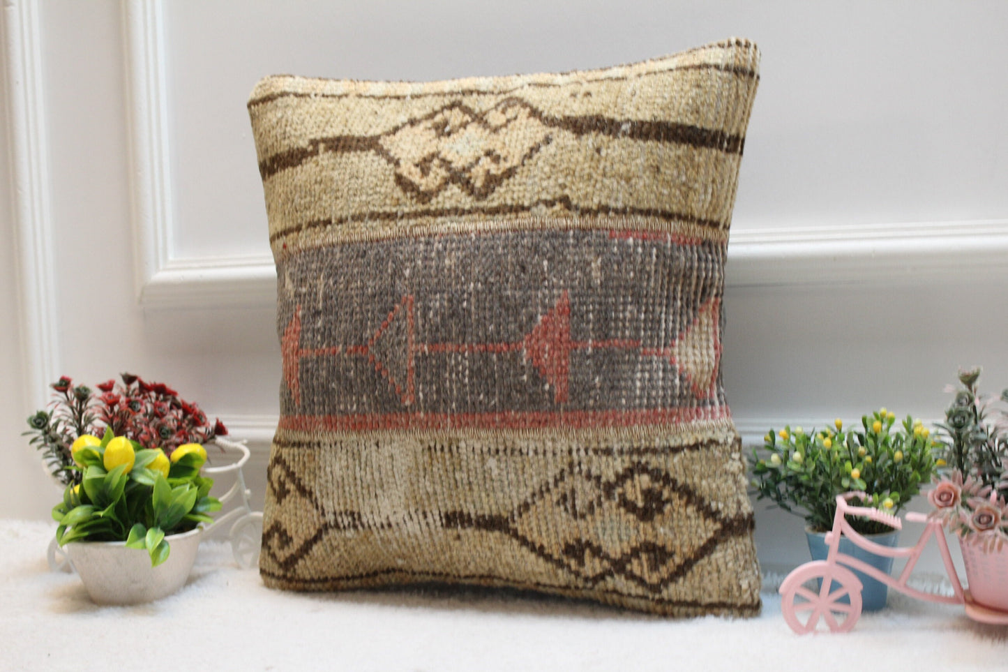Handmade Turkish Rug Pillow Cover: Beige & Gray Wool, 16x16 inch