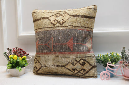 Handmade Turkish Rug Pillow Cover: Beige & Gray Wool, 16x16 inch