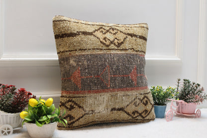 Handmade Turkish Rug Pillow Cover: Beige & Gray Wool, 16x16 inch