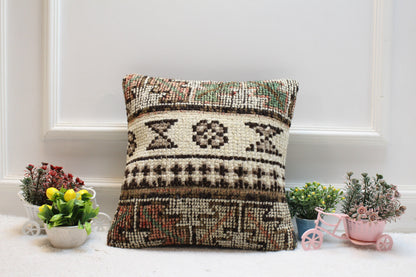 Geometric Turkish Rug Pillow Cover: 16x16 Handwoven Wool Kilim