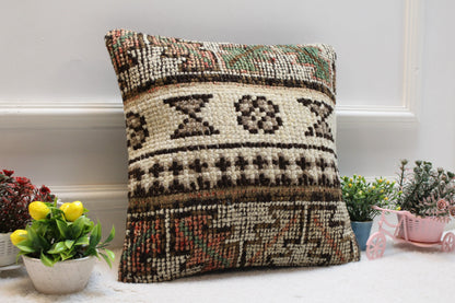 Geometric Turkish Rug Pillow Cover: 16x16 Handwoven Wool Kilim