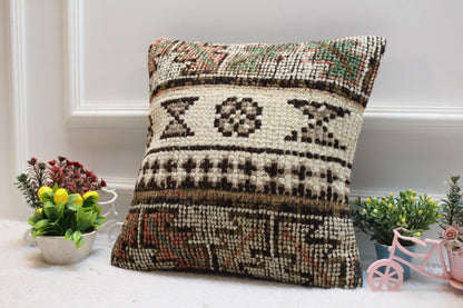 Geometric Turkish Rug Pillow Cover: 16x16 Handwoven Wool Kilim