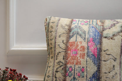 Handmade Beige Turkish Rug Pillow Cover: Patchwork Wool Cushion (16x16)