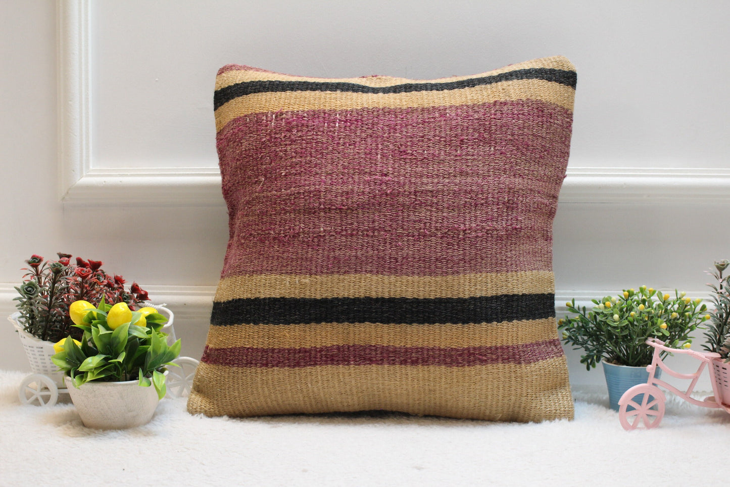 Vintage Kilim Pillow Cover: Purple Striped Woven Wool, 16x16 inc