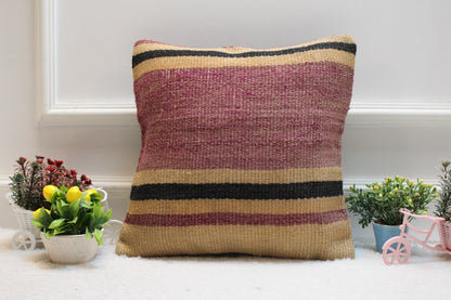 Vintage Kilim Pillow Cover: Purple Striped Woven Wool, 16x16 inc