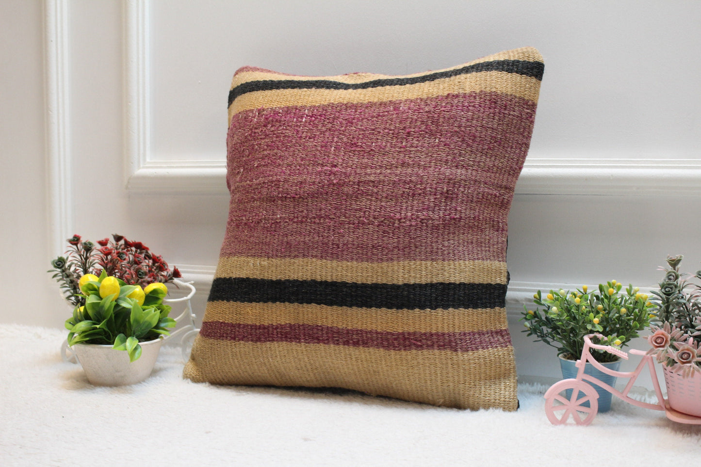 Vintage Kilim Pillow Cover: Purple Striped Woven Wool, 16x16 inc