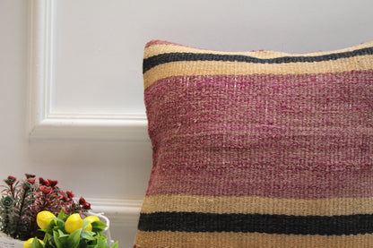 Vintage Kilim Pillow Cover: Purple Striped Woven Wool, 16x16 inc