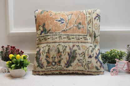 Handmade Turkish Rug Pillow Cover: Orange Beige Floral, 16x16 inc