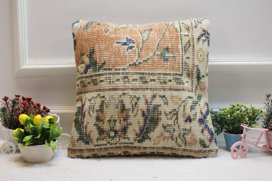 Handmade Turkish Rug Pillow Cover: Orange Beige Floral, 16x16 inc