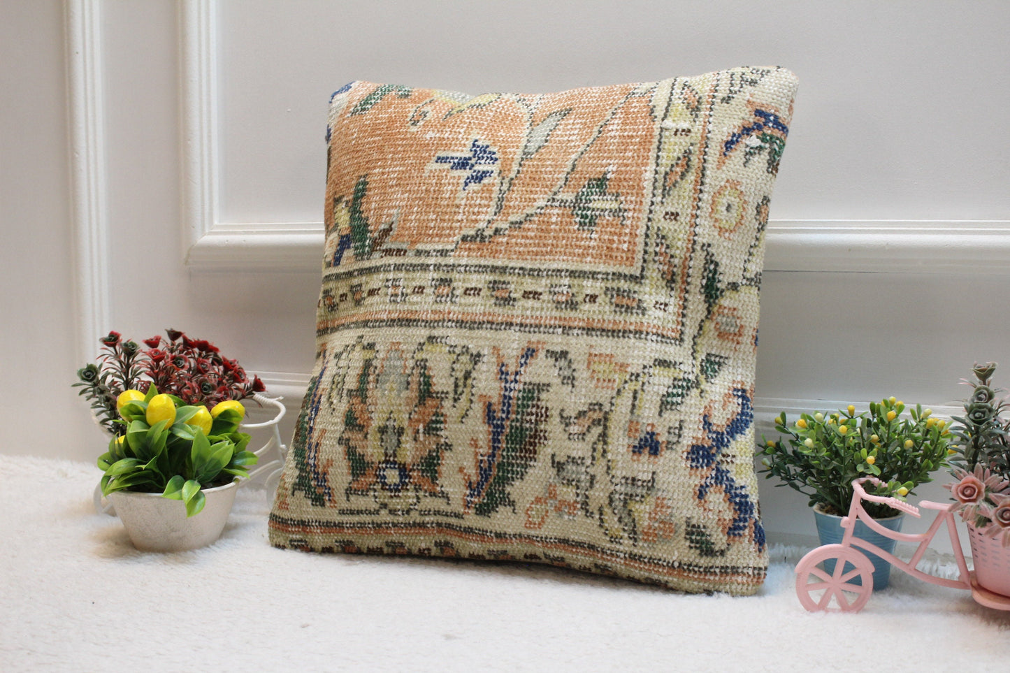 Handmade Turkish Rug Pillow Cover: Orange Beige Floral, 16x16 inc