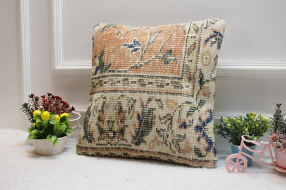 Handmade Turkish Rug Pillow Cover: Orange Beige Floral, 16x16 inc