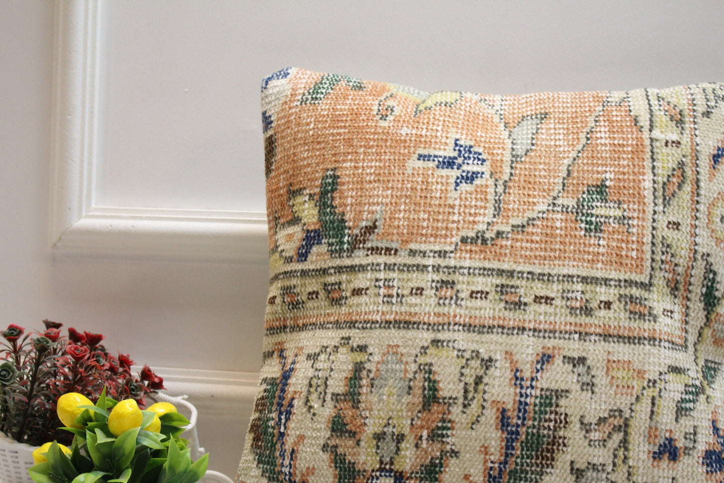 Handmade Turkish Rug Pillow Cover: Orange Beige Floral, 16x16 inc
