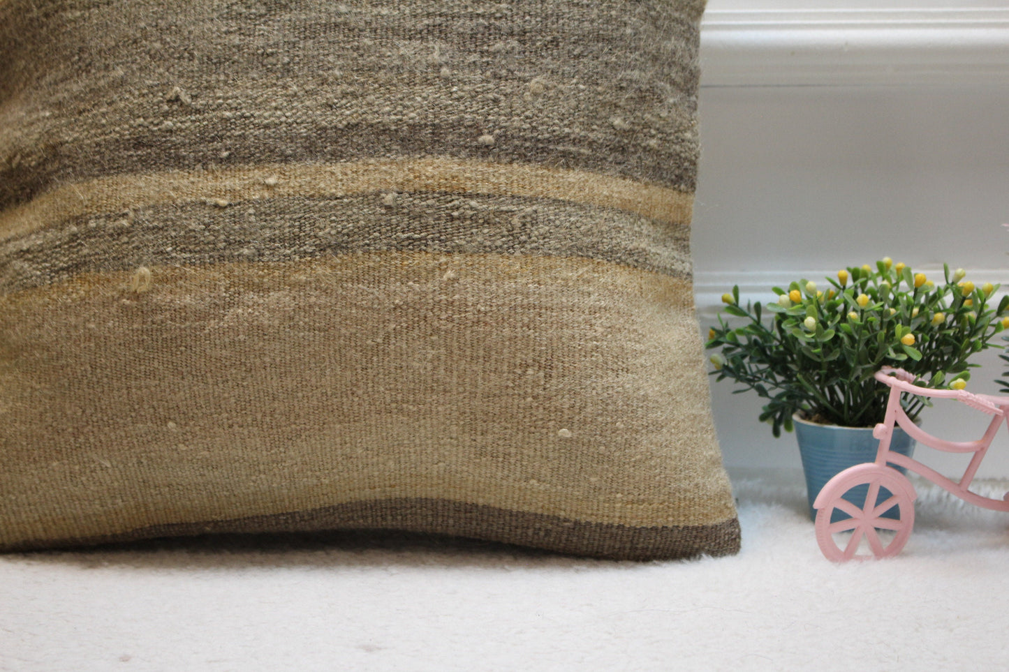 Handmade Striped Kilim Pillow Cover: Beige Organic Wool, 16x16 inch