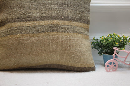 Handmade Striped Kilim Pillow Cover: Beige Organic Wool, 16x16 inch