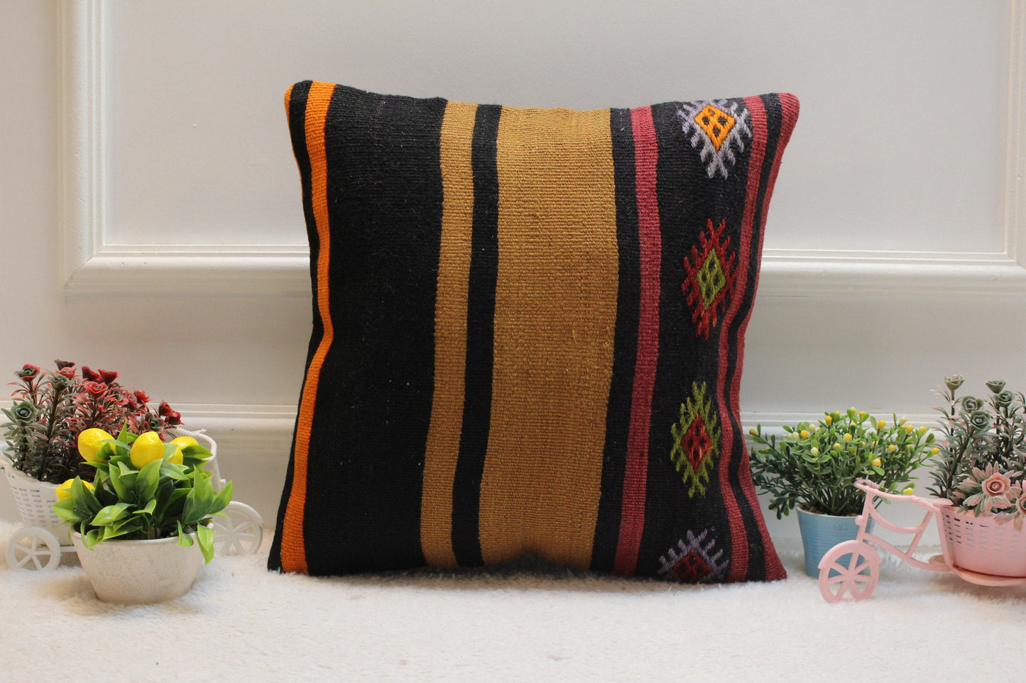Striped Kilim Pillow Cover: Handmade Woven Wool, 16x16 inc