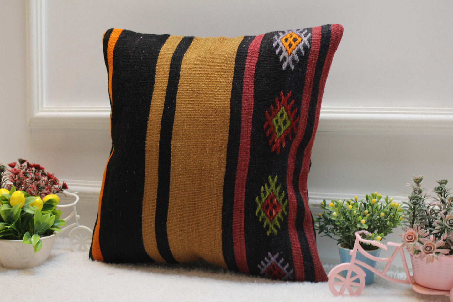 Striped Kilim Pillow Cover: Handmade Woven Wool, 16x16 inc
