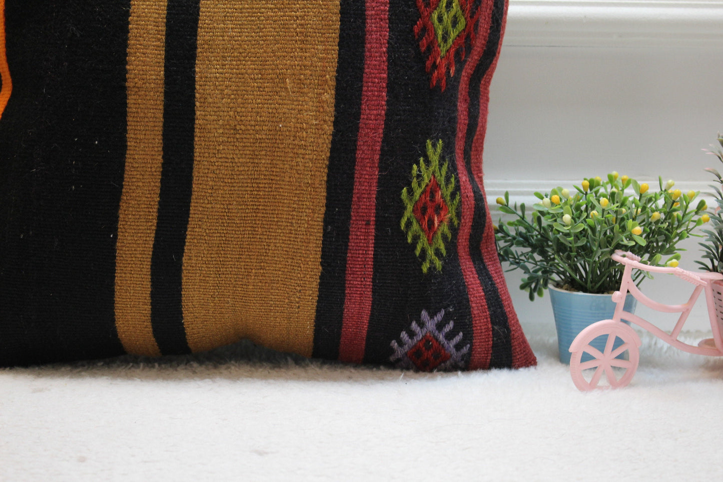Striped Kilim Pillow Cover: Handmade Woven Wool, 16x16 inc