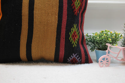 Striped Kilim Pillow Cover: Handmade Woven Wool, 16x16 inc