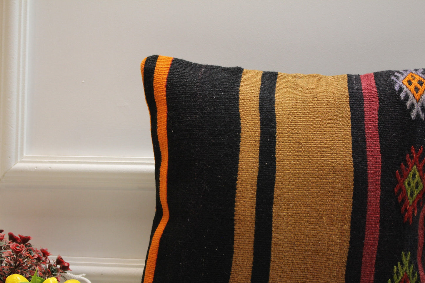 Striped Kilim Pillow Cover: Handmade Woven Wool, 16x16 inc