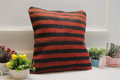 Handmade Striped Kilim Pillow Cover: Red & Black Woven Rug, 16x16 inch