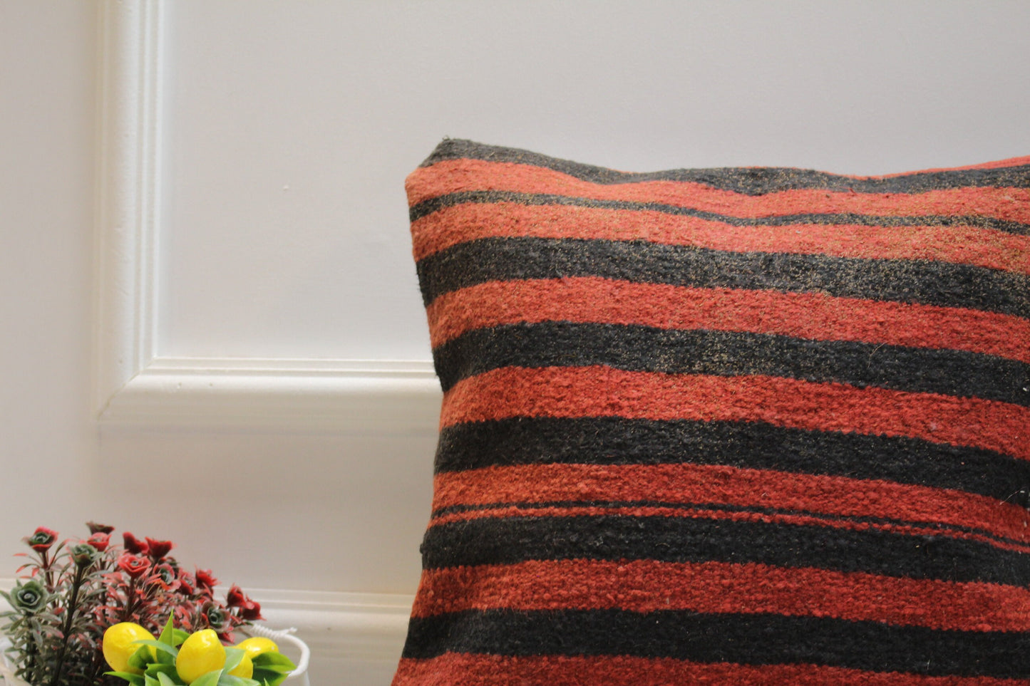 Handmade Striped Kilim Pillow Cover: Red & Black Woven Rug, 16x16 inch