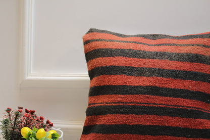 Handmade Striped Kilim Pillow Cover: Red & Black Woven Rug, 16x16 inch