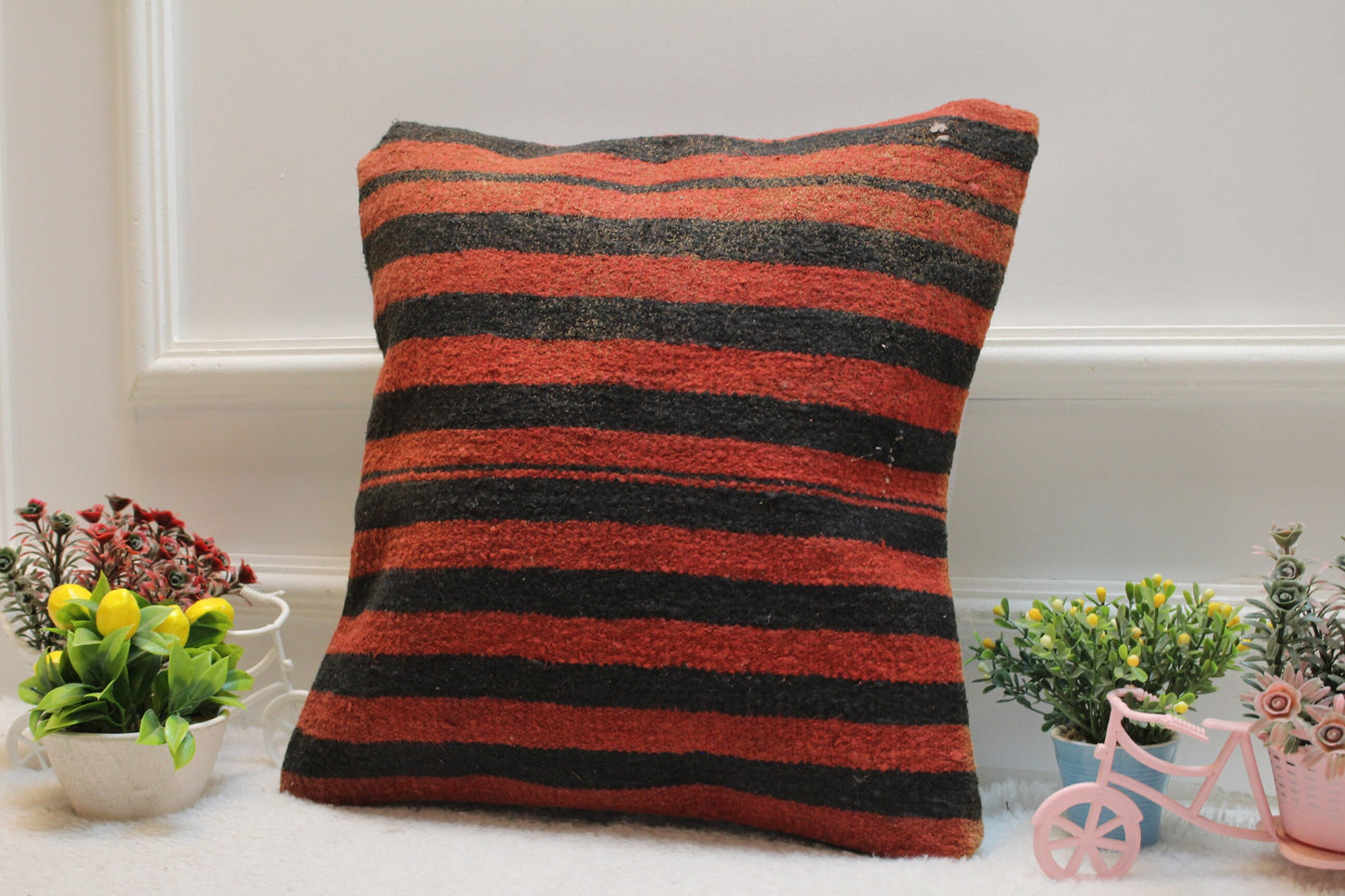 Handmade Striped Kilim Pillow Cover: Red & Black Woven Rug, 16x16 inch