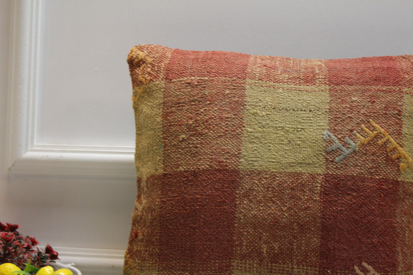 Handmade Square Kilim Pillow Cover: Red Beige Turkish Woven Rug (16x16 in)