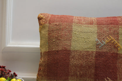 Handmade Square Kilim Pillow Cover: Red Beige Turkish Woven Rug (16x16 in)