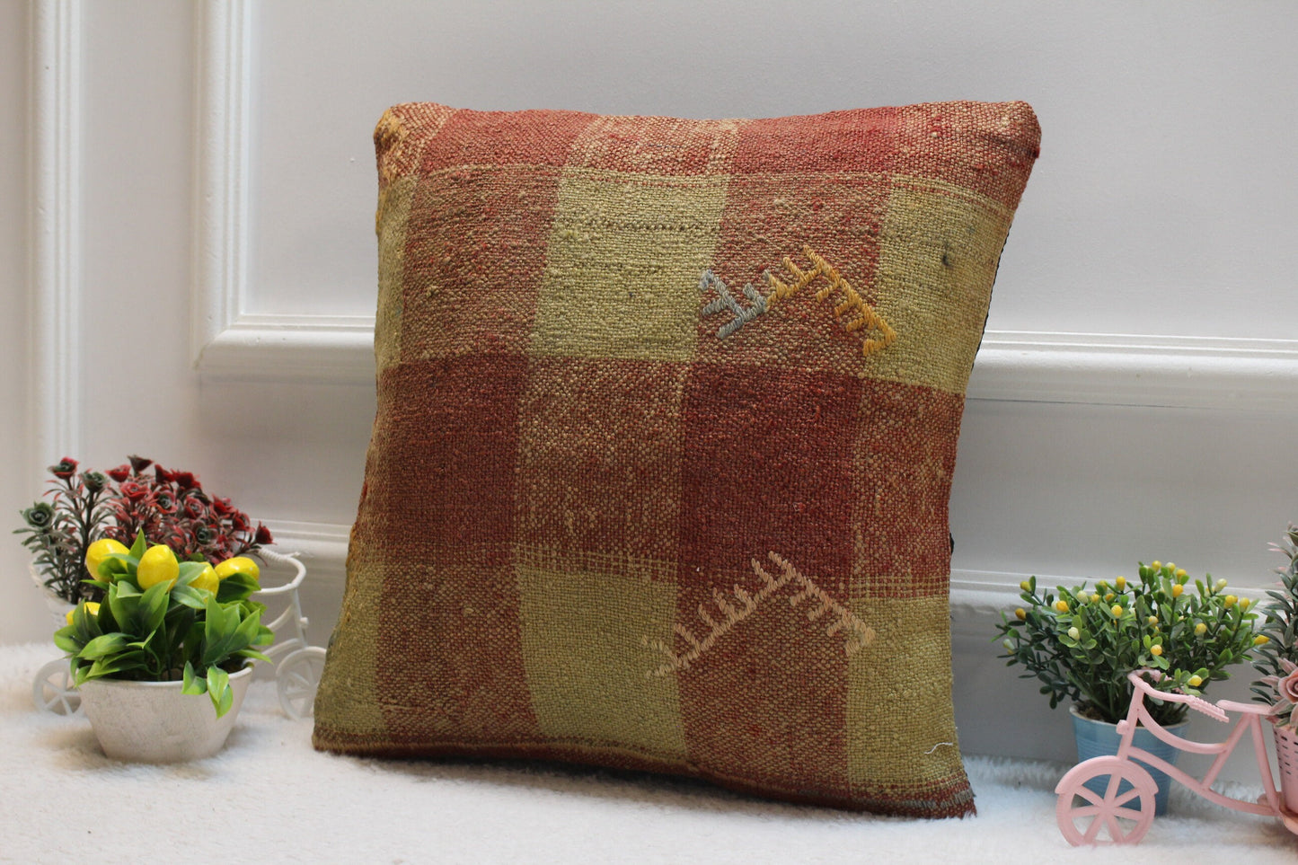 Handmade Square Kilim Pillow Cover: Red Beige Turkish Woven Rug (16x16 in)
