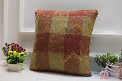Handmade Square Kilim Pillow Cover: Red Beige Turkish Woven Rug (16x16 in)