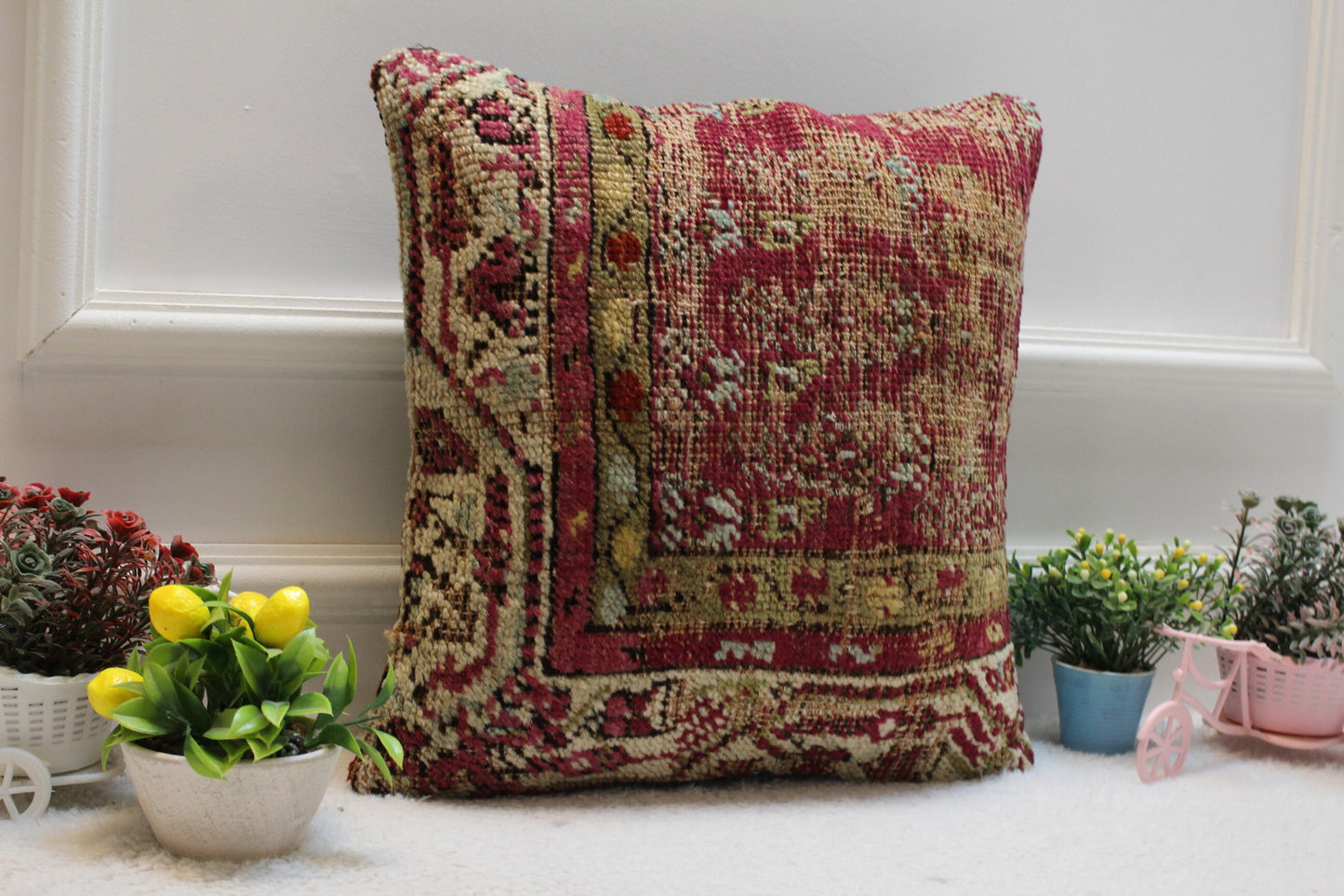 Red Vintage Turkish Rug Pillow Cover: Handmade Wool Kilim, 16x16