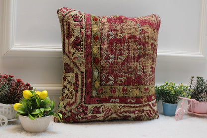 Red Vintage Turkish Rug Pillow Cover: Handmade Wool Kilim, 16x16