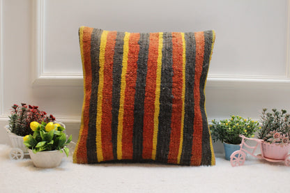 Handmade Striped Kilim Pillow Cover: Red, Black & Yellow, 16x16 inc