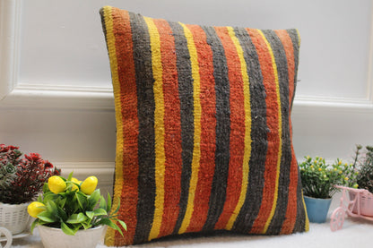 Handmade Striped Kilim Pillow Cover: Red, Black & Yellow, 16x16 inc